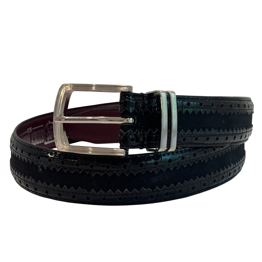 Stacy Adams Dress Belt Mens 34 Black Croc Suede Brogue Detail SA537-001 Silver